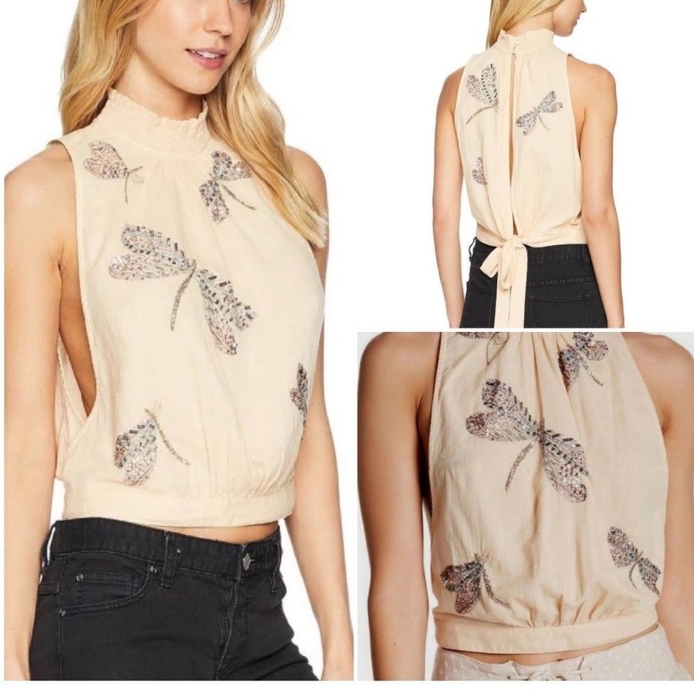 Women's Beige Dragonfly Embroidered Top